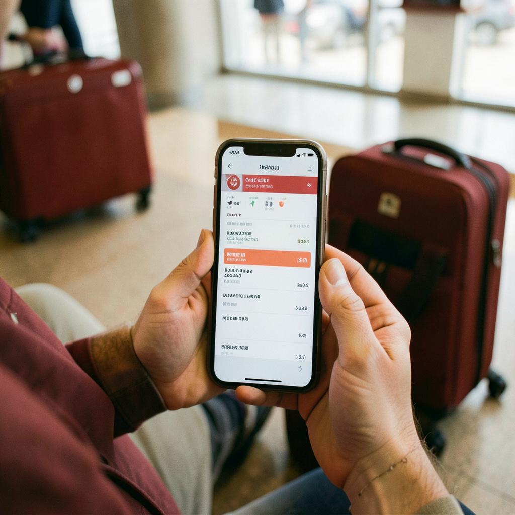 A traveler's hands holding a smartphone displaying a boarding pass, with a suitcase in the background, in warm neutral tones suggesting departure lounges and anticipation