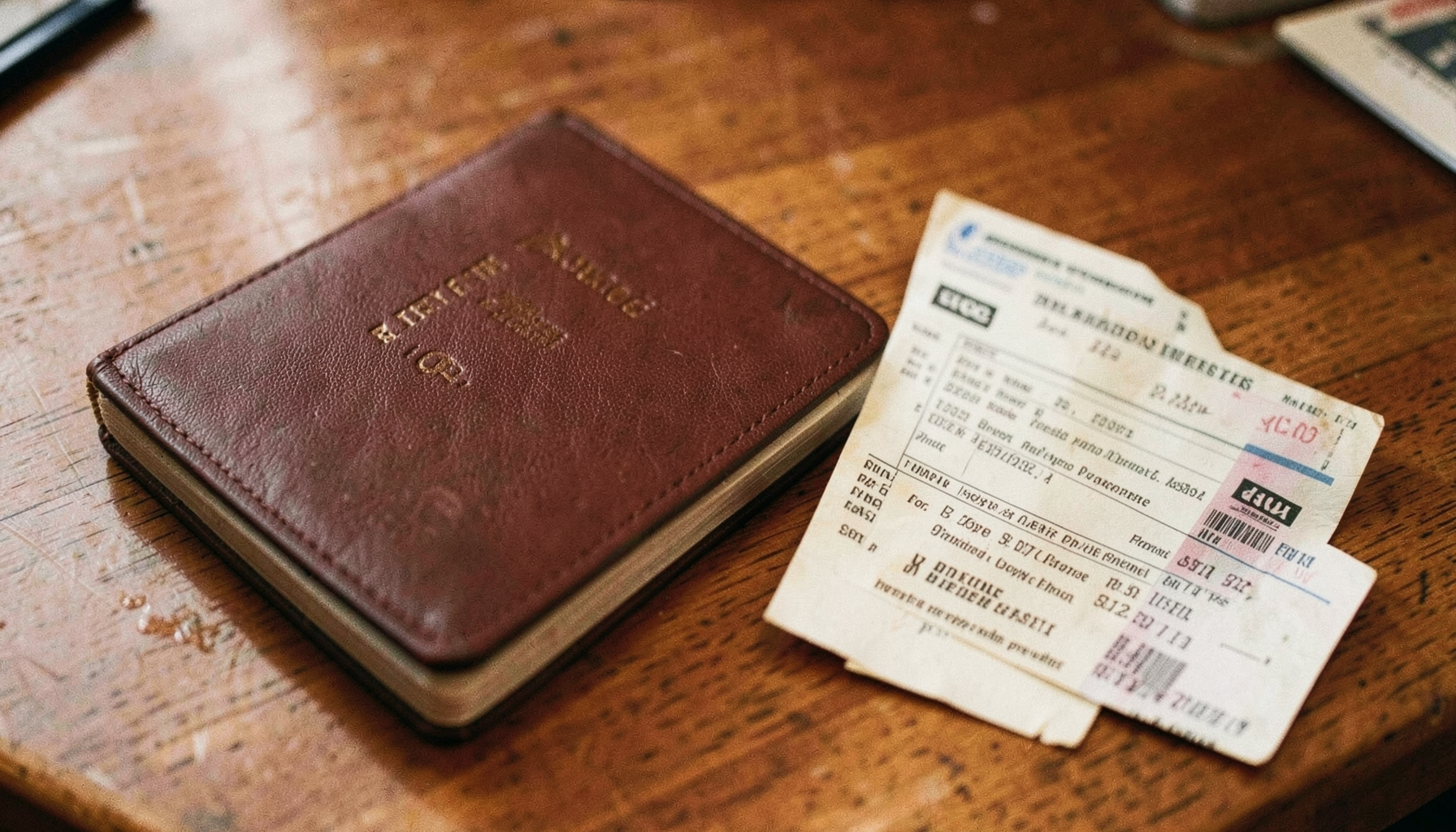 A passport resting on a wooden desk beside a boarding pass, in warm browns and creams, suggesting travel preparation and documentation